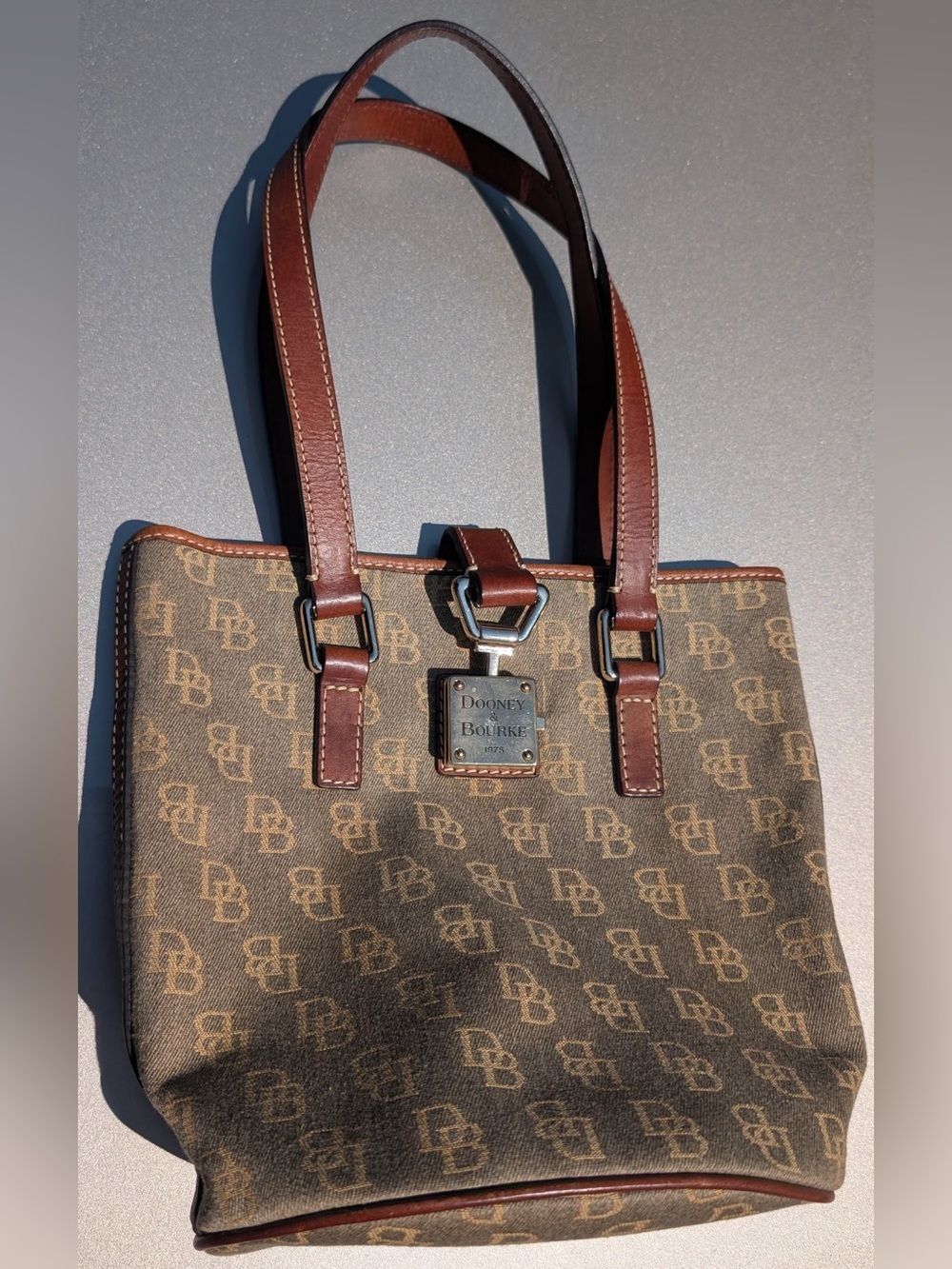Dooney & Bourke Tan Canvas Monogram Shoulder Tote with Brown Trim